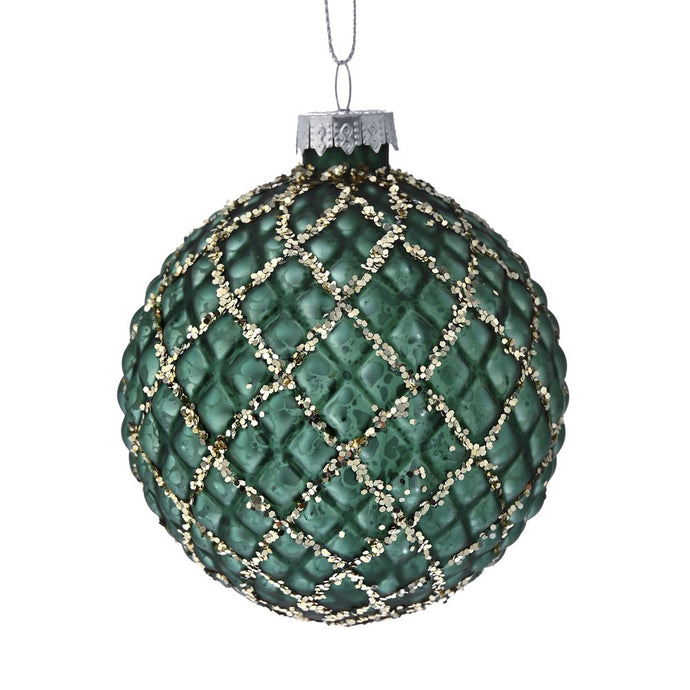 EMERALD GLASS BALL WITH CHAMPAGNE STRIPES SET/6