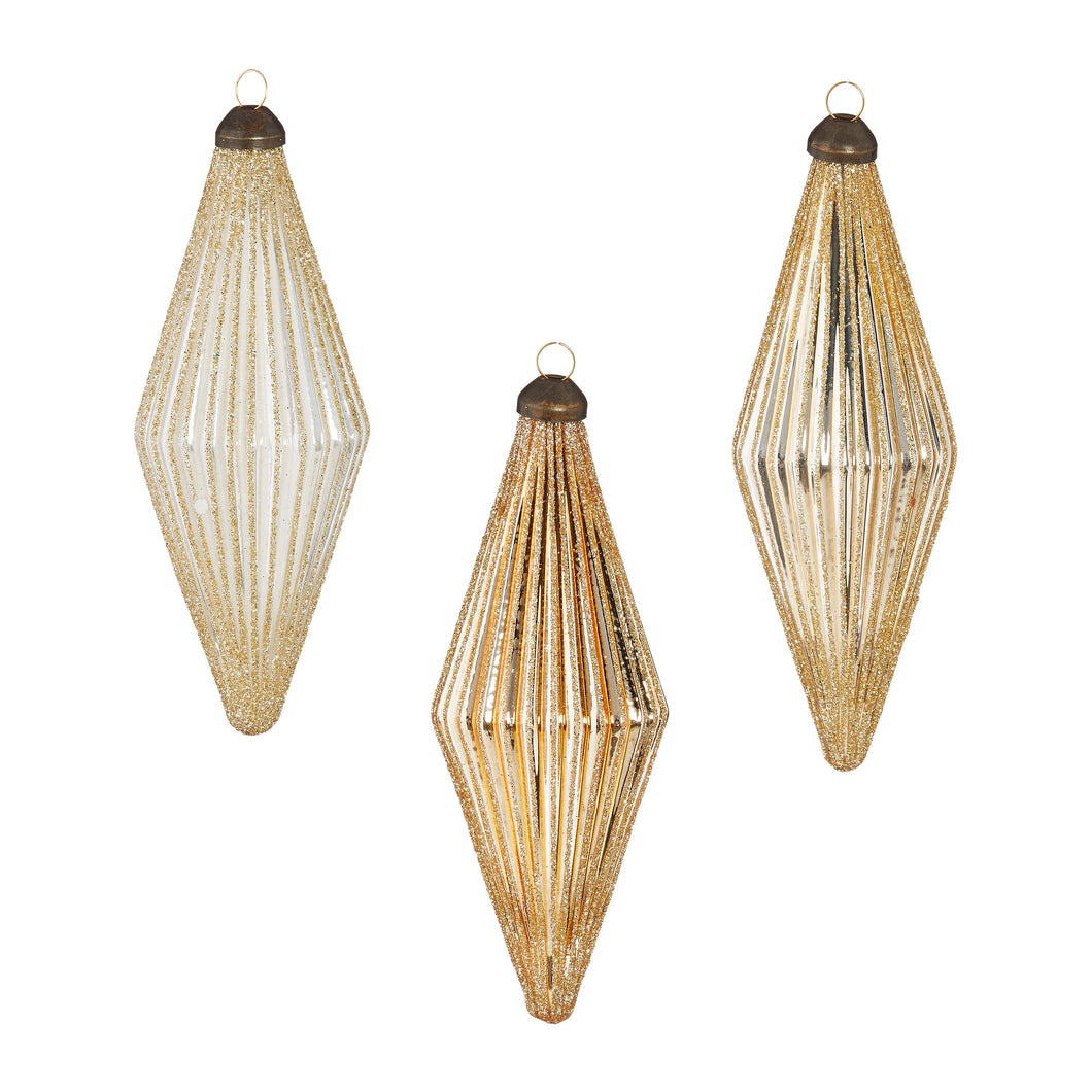 Glittered Diamond Ribbed Gold Toned Glass Christmas Hanging Ornaments Set of 3