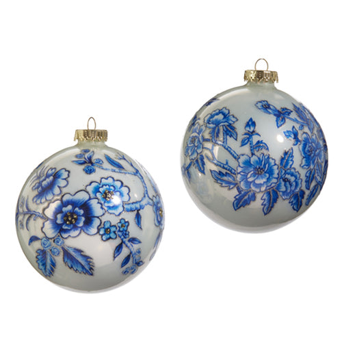 Blue Floral Delft Glass Ball Christmas Hanging Ornament Set of 2