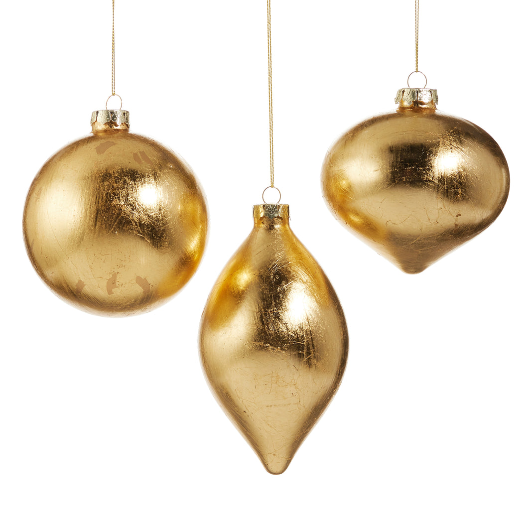 Gold Leaf Glass Christmas Hanging Ornaments Set of 3