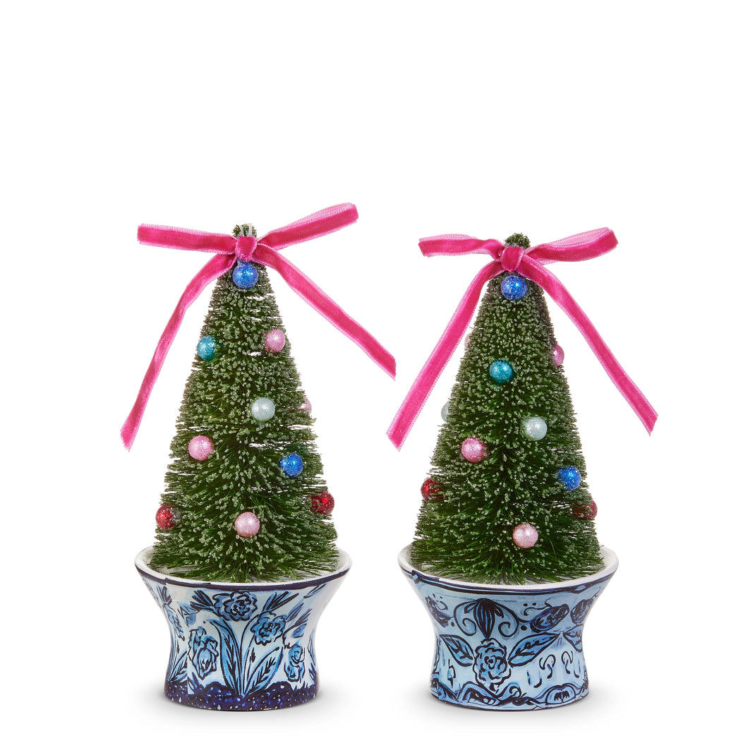 Bottle Brush Trees in Chinoiserie Delft Pot Christmas Hanging Ornament