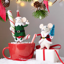 Load image into Gallery viewer, Santa and Candy Cane Mice Ornament - Red Jacket