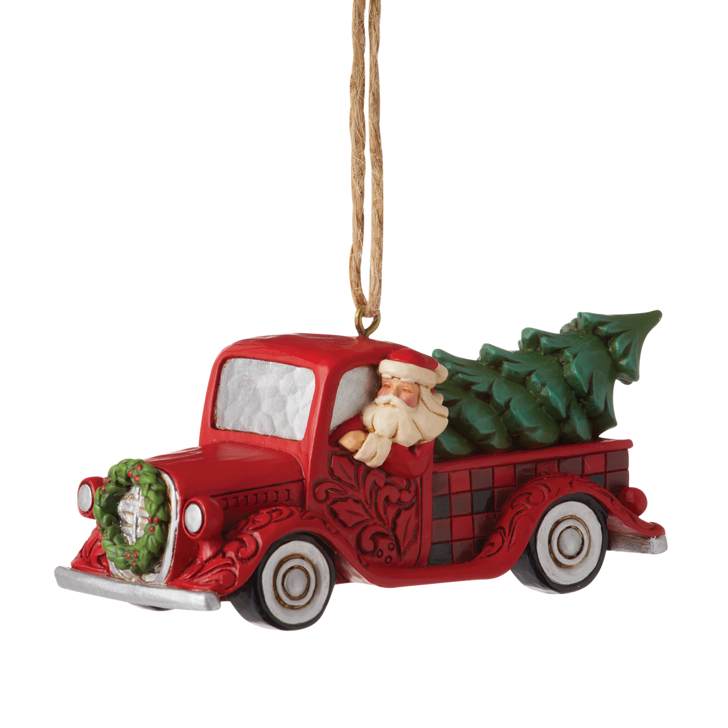 Highland Glen Santa Plaid Red Truck Hanging Ornament