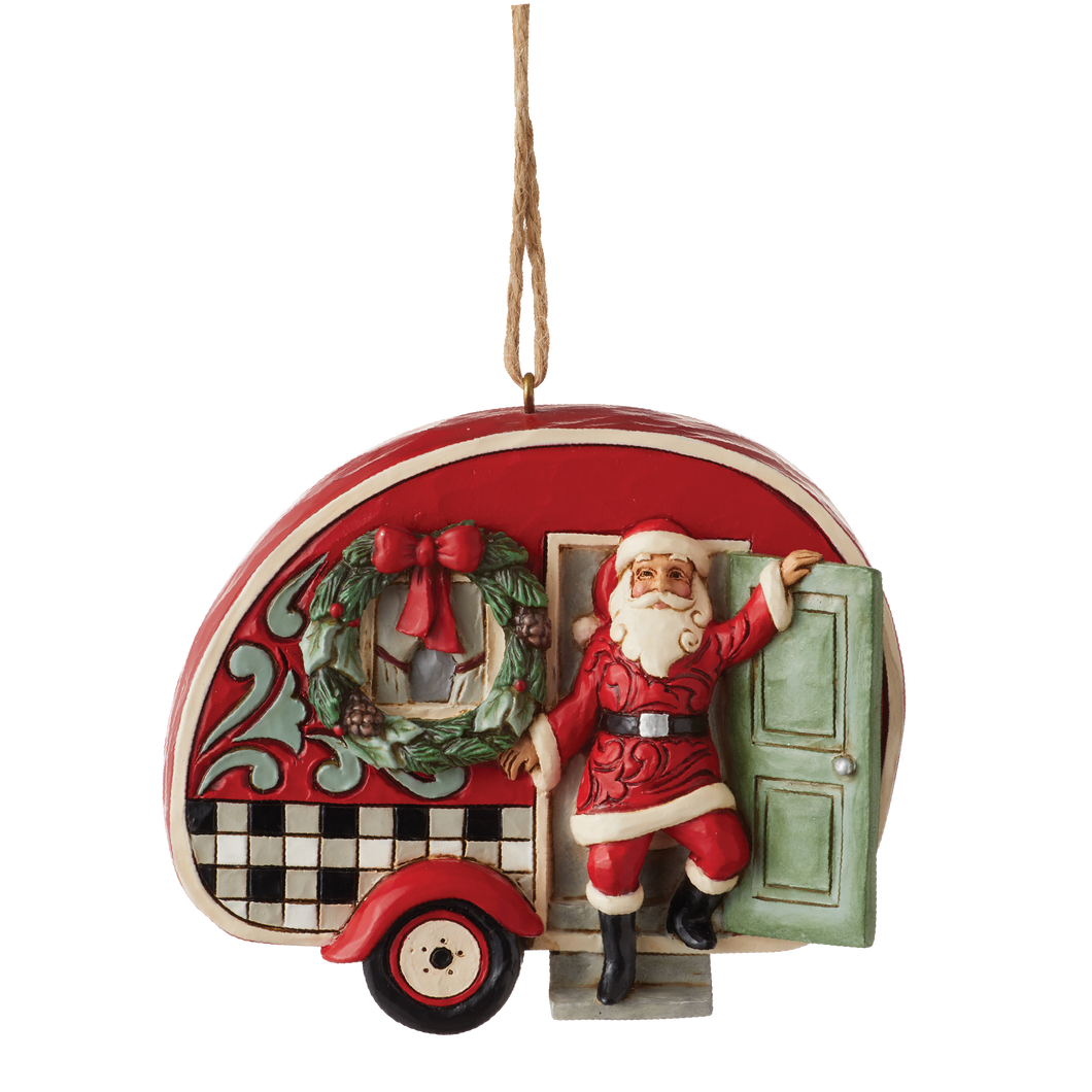 Jim Shore Highland Glen Santa in Plaid Camper Hanging Ornament