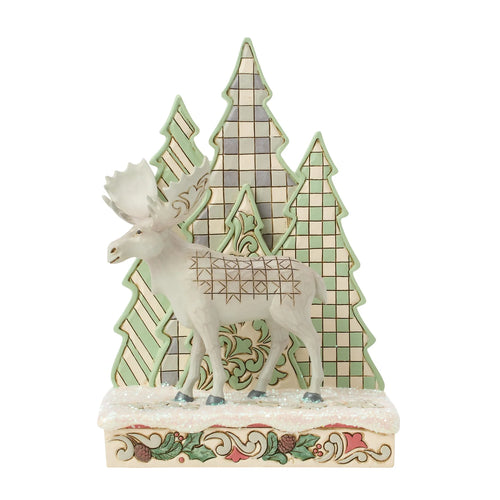 Frozen Forest White Woodland Moose with Layered Trees