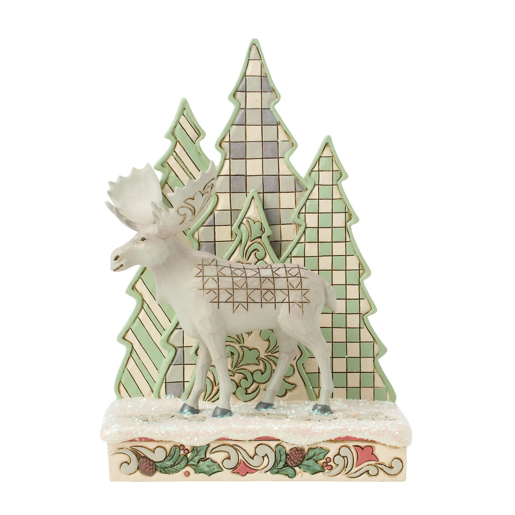 Frozen Forest White Woodland Moose with Layered Trees