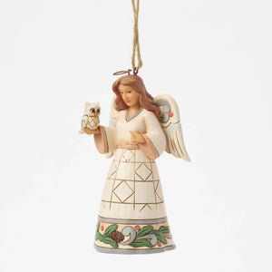 White Woodland Angel with Owl Hanging Ornament