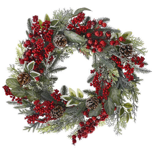 Green Wreath With Red Berries And Pinecones