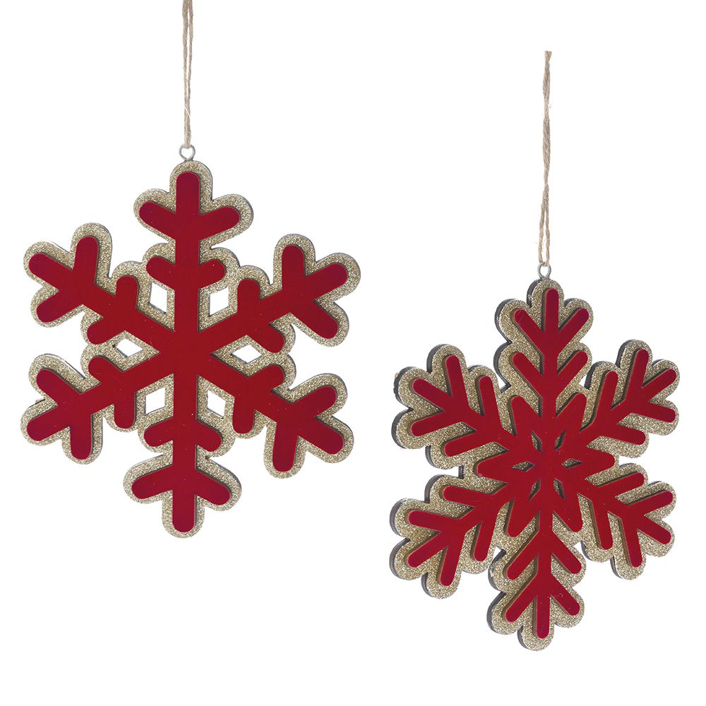 Red & Gold Wooden Snowflake Hanging Ornament Set of 2