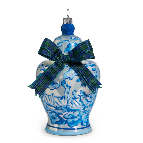 GINGER JAR WITH BLACK WATCH BOW ORNAMENT