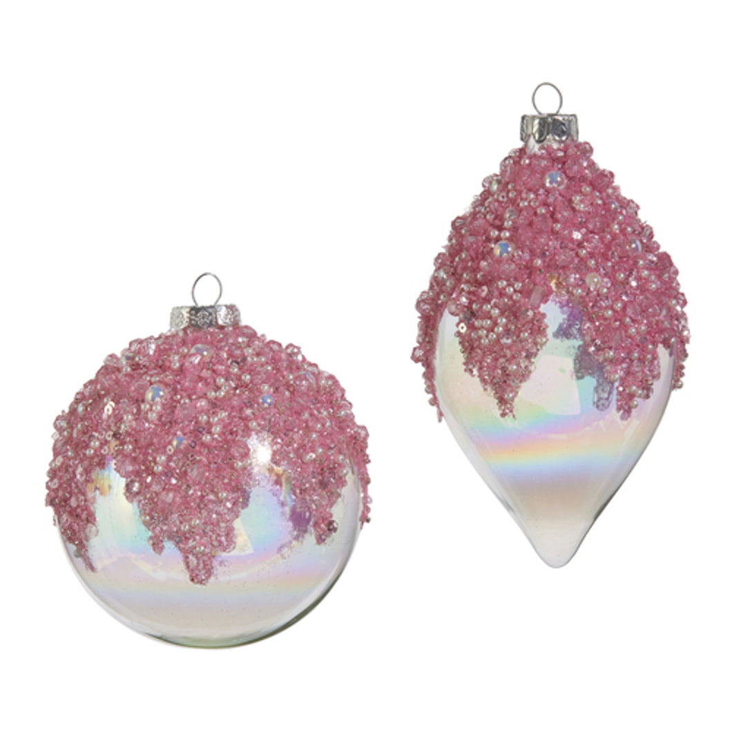 Pink Beaded Iridescent Glass Christmas Ornament