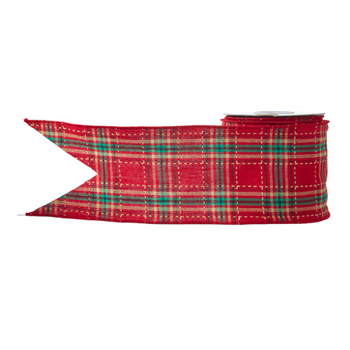 10cm X 10m RED PLAID WIRED RIBBON