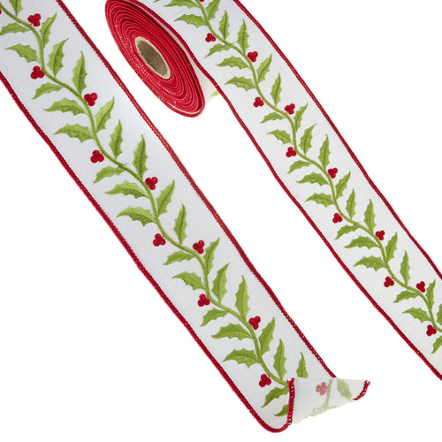 7cm X 10m EMBROIDERED HOLLY WIRED RIBBON