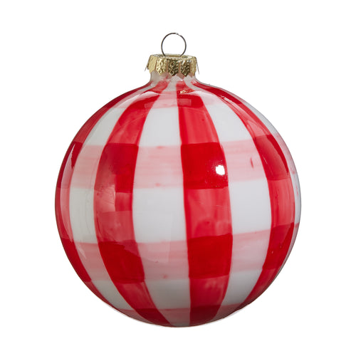 Red and White Gingham Ball Glass Christmas Ornament
