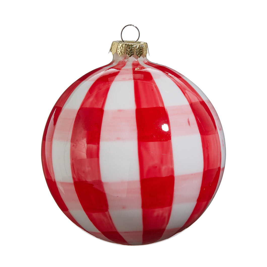 Red and White Gingham Ball Glass Christmas Ornament