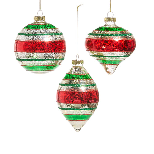 Red, Green and Silver Striped Glass Christmas Ornament Set of 3