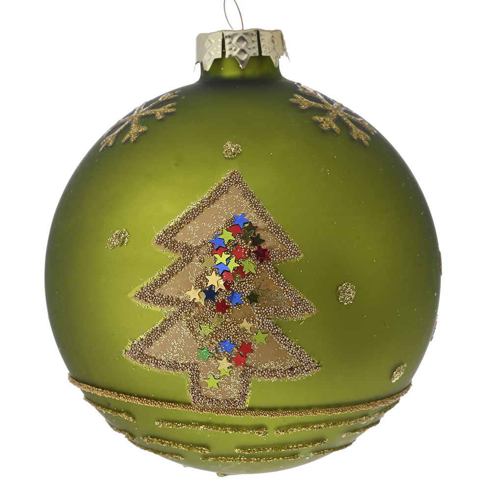 Green Glass Bauble with Glittered Christmas Tree Set of 4