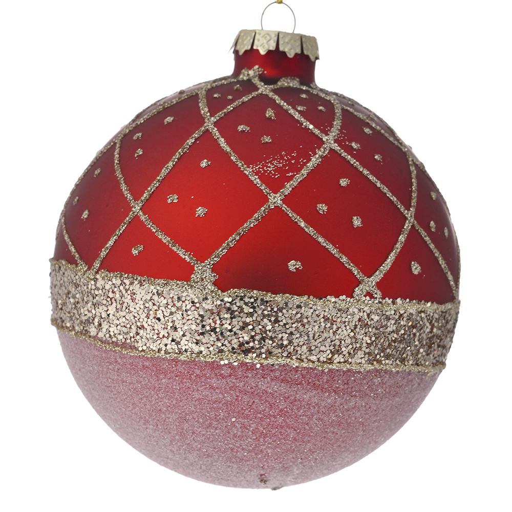 Red Glass Bauble with Gold Glitter Stripe Set of 4